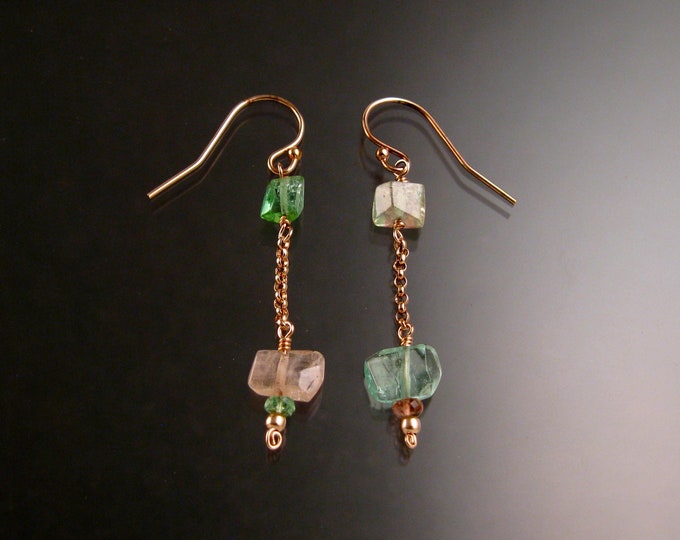 Tourmaline Crystal pink and green colored Mis-matched Asymmetrical Rose Gold Earrings