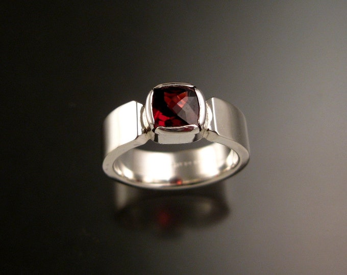 Garnet red 7mm Cushion cut stone Sterling Silver Bezel set ring with Sturdy Rectangular band made to order in your size