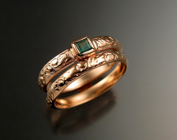 Emerald square  Wedding set 14k Rose Gold Victorian bezel set ring made to order in your size