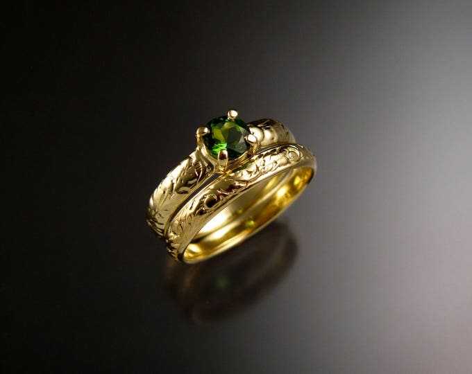 Green Tourmaline 14k Green Gold Victorian floral pattern wedding ring set Emerald substitute engagement rings