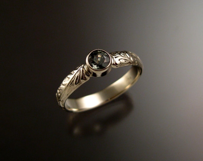 Green Sapphire diamond substitute Victorian floral band Wedding Engagement ring crafted in 14k white Gold made to order in your size