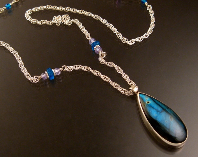Labradorite pear shaped bezel set adjustable length Necklace Handmade in Sterling silver