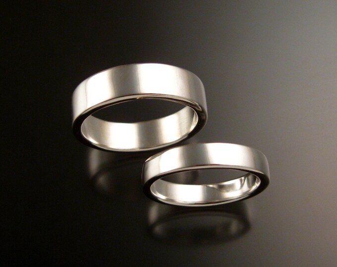 14k White Gold Rectangular Wedding bands His and Hers two ring set bright finish rings made to order in your size