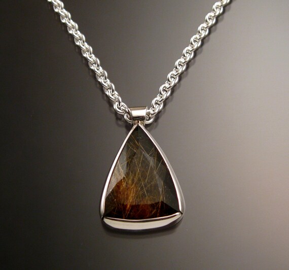 Rutilated Quartz and Rainbow Obsidian Doublet necklace Bezel set stone Sterling silver Handmade adjustable length chain
