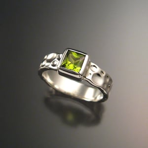 Peridot Moonscape Ring Sterling Silver square siccors cut stone made to order in Any Size
