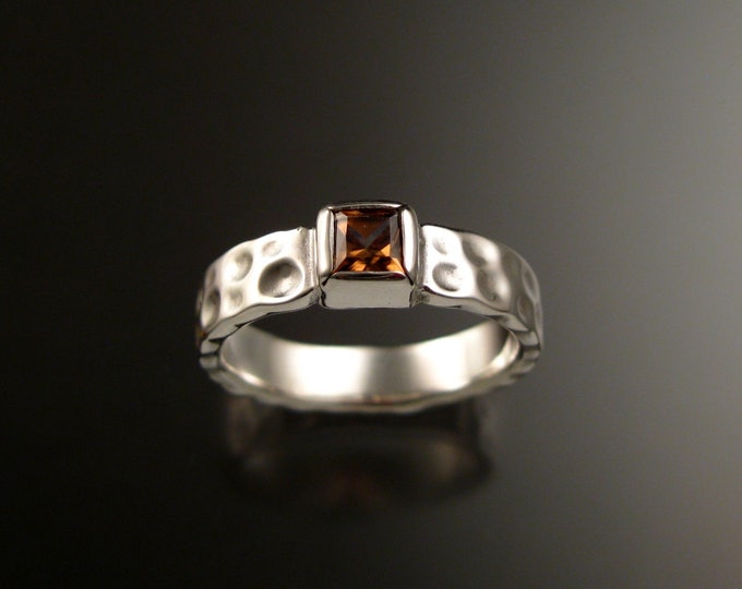 Honey Zircon 4mm square Moonscape ring handcrafted in 14k White Gold Chocolate Diamond substitute ring made to order in your size