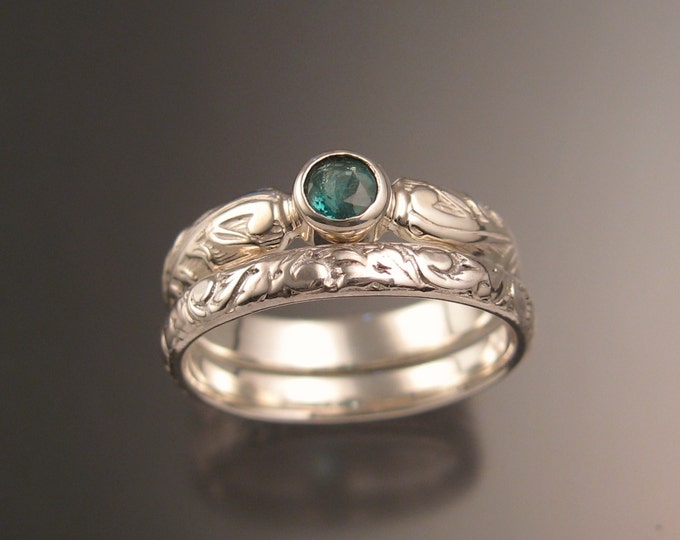 Colombian Emerald Natural 4mm round stone Wedding set Sterling silver Victorian bezel set ring made to order in your size