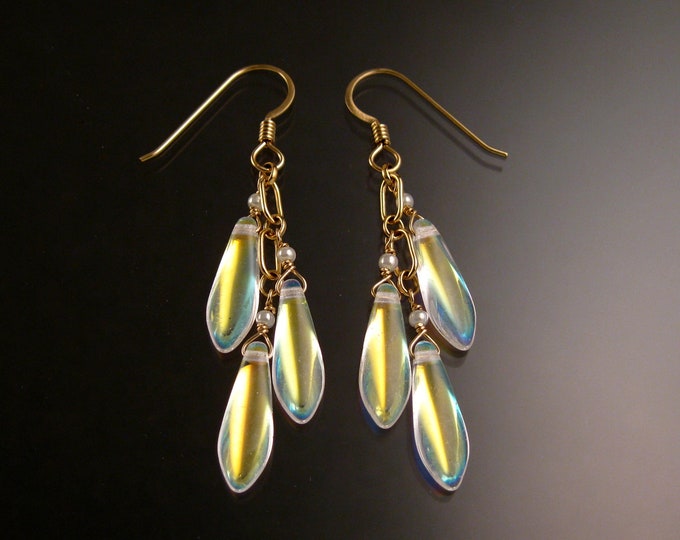 Czech Glass "Dagger " Earrings Pear/Moonstone color Gold Filled