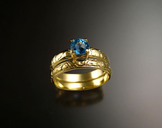 Blue Topaz Wedding set 14k Green Gold Victorian floral pattern ring set made to order in your size two ring set