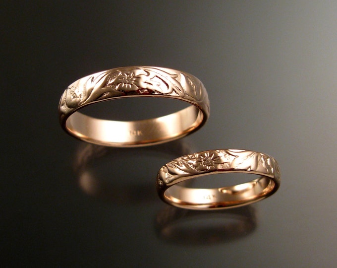 Rose Gold flower and vine pattern Band His and Her's 14k wedding ring set made to order in your sizes Victorian two ring set