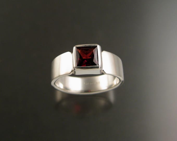 Garnet Ring Sterling Silver wide Tapered band Red 7mm Square stone bezel set made to order in your size