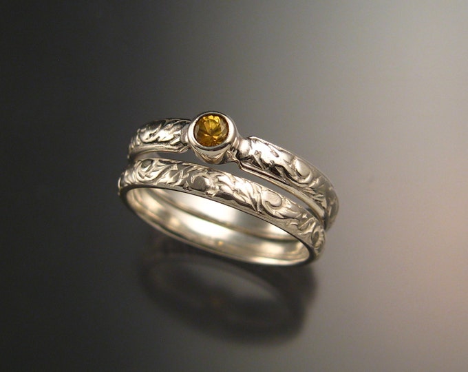 Golden Sapphire Wedding set sterling silver Victorian bezel set canary Diamond substitute ring made to order in your size