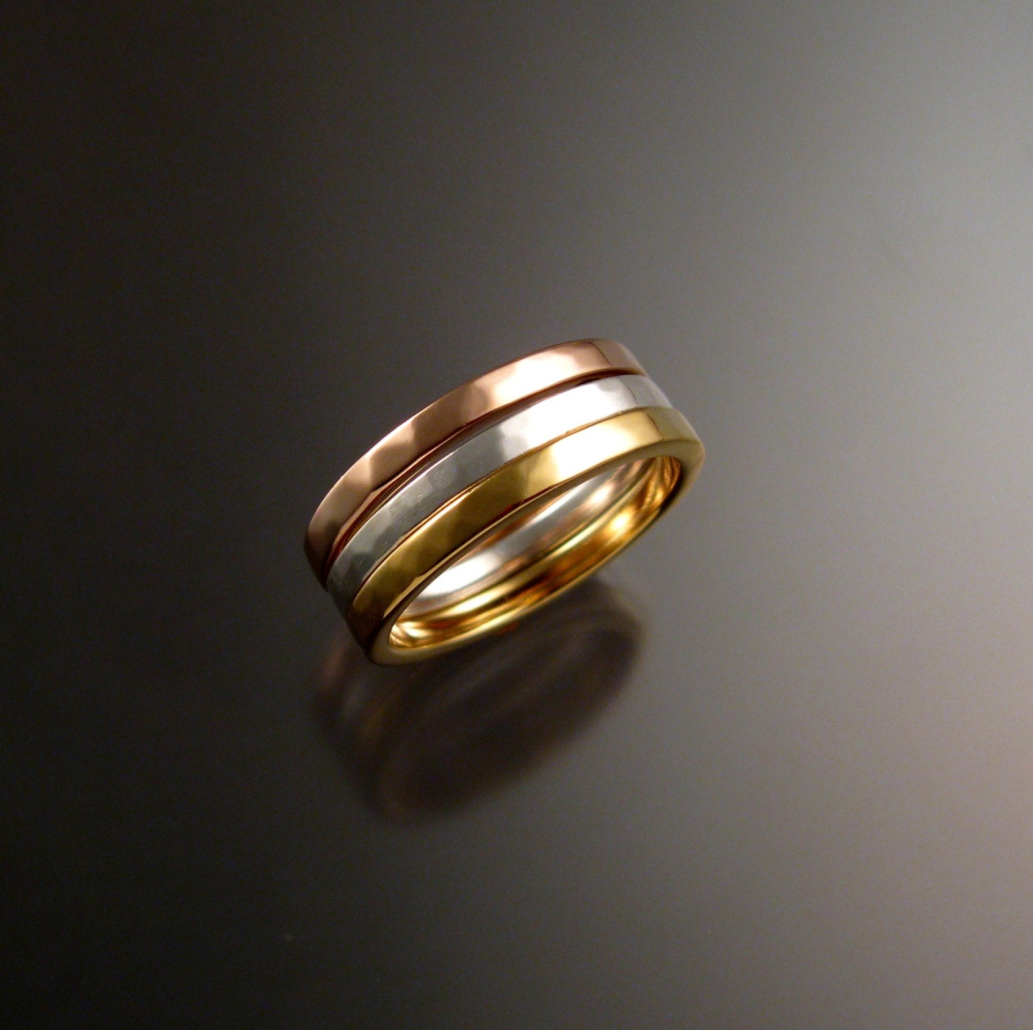 Stackable 14k White, Yellow and Rose Gold three Band gold ring set