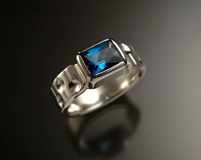 London Blue Topaz Ring Sterling silver 6 x 8 mm rectangle Sapphire substitute ring Made to Order in your size craters and bars band