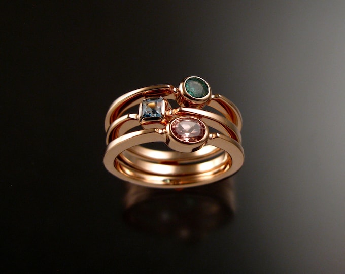 Stackable Mothers Birthstone ring set of three 14k Rose Gold premium birthstone stacking rings Made to order in your size
