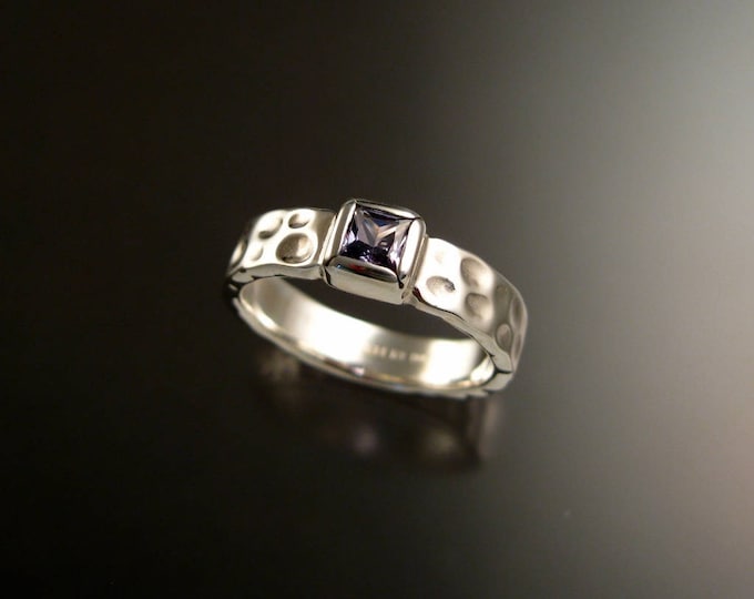 Sapphire square Moonscape ring handcrafted in Sterling Silver Violet colored untreated Sapphire size 7 3/4