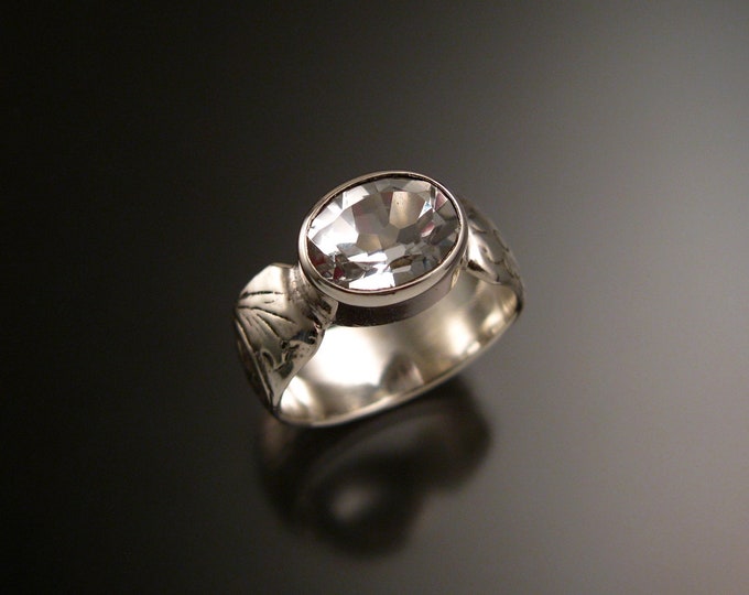 White Topaz Sterling Silver handmade wide Victorian floral pattern band ring east west bezel set stone ring made to order in your size