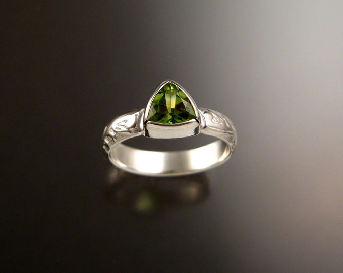 Peridot Triangle ring 14k White Gold Victorian bezel set stone ring made to order in your size