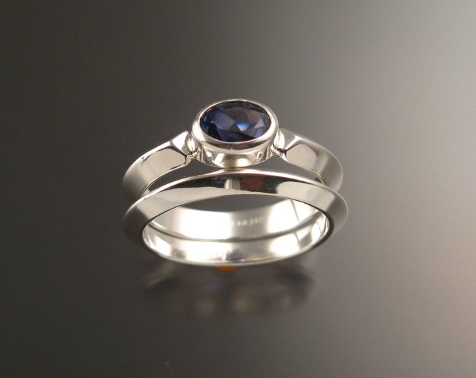 Iolite gemstone Wedding ring set sterling silver Sapphire substitute ring set with triangular bands made to order in your size