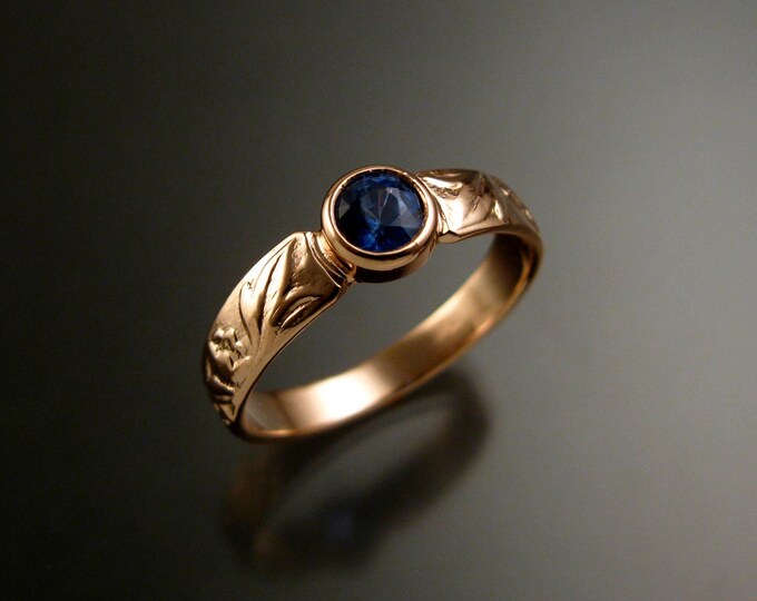 Kyanite 14k Rose Gold Victorian flower and vine pattern Sapphire substitute bezel set stone ring made to order in your size