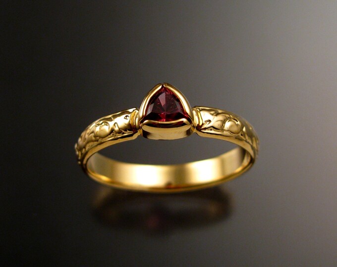 Pink Tourmaline trillion cut Victorian Engagement ring 14k Yellow Gold bezel set wedding ring