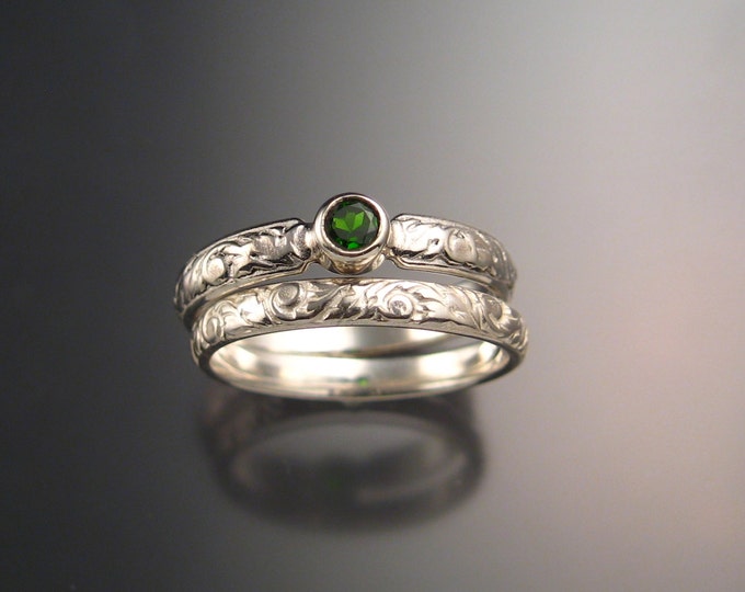 Chrome diopside Wedding set 14k White Gold Emerald substitute Victorian bezel set two ring set made to order in your size