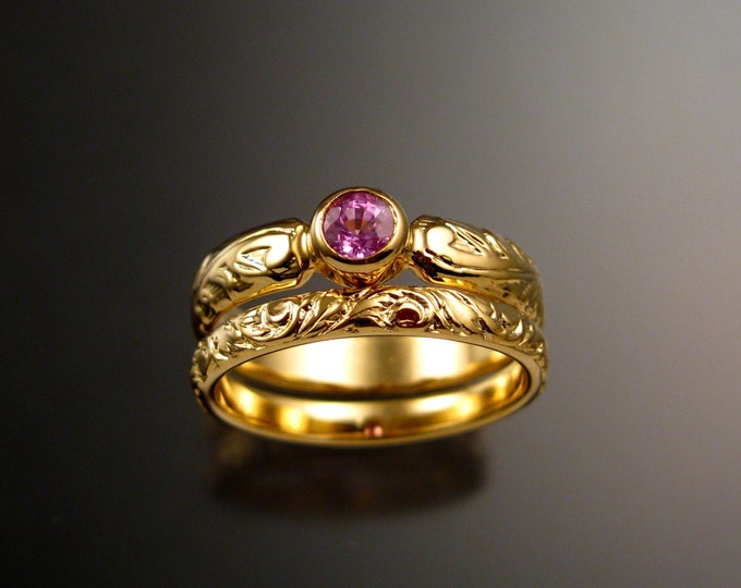Pink Sapphire Wedding set 14k Yellow Gold Victorian floral pattern bezel set Pink Diamond substitute ring made to order in your size