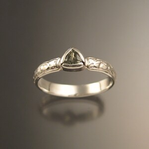 Green Sapphire Triangle Wedding ring 14k White Gold Victorian bezel set ring made to order in your size