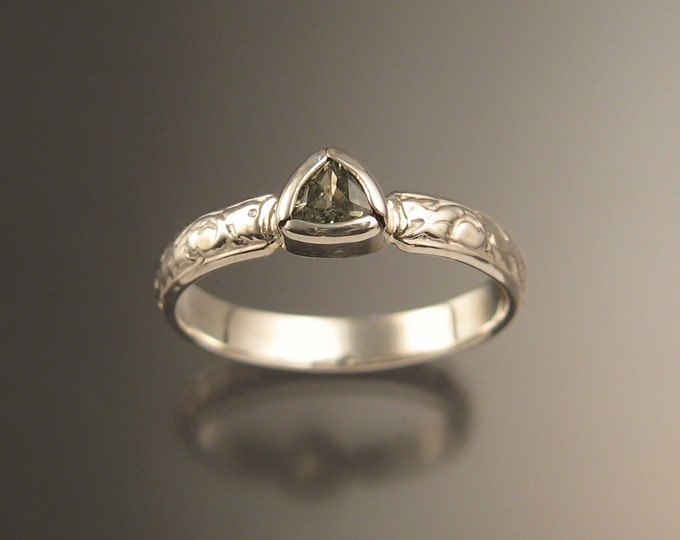 Green Sapphire Triangle Wedding ring 14k White Gold Victorian bezel set ring made to order in your size