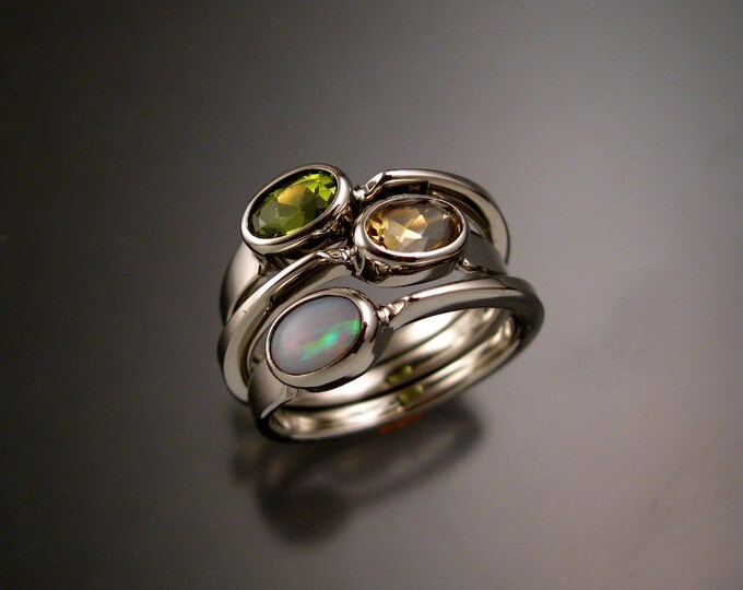 Stackable Mothers Birthstone ring set of three asymmetrical 4x6mm 14k white gold rings made to order in your size with natural stones
