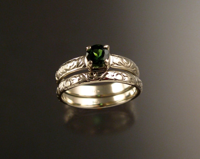 Green Tourmaline 14k White Gold Victorian floral pattern wedding ring set in white gold Emerald substitute engagement rings