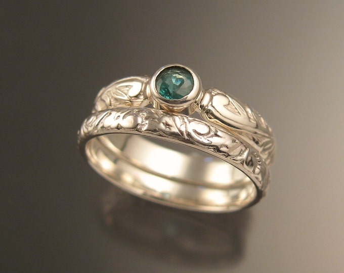 Colombian Emerald Natural 4mm round stone Wedding set 14k White Gold Victorian bezel set ring made to order in your size