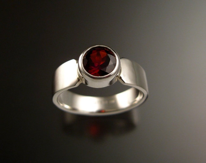 Garnet red 6.5mm round Sterling Silver Bezel set stone ring with cold forged tapered band size 7