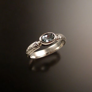 Aquamarine victorian floral pattern band bezel set stone Sterling silver ring made to order in your size