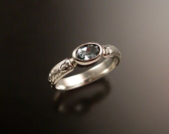 Aquamarine victorian floral pattern band bezel set stone Sterling silver ring made to order in your size