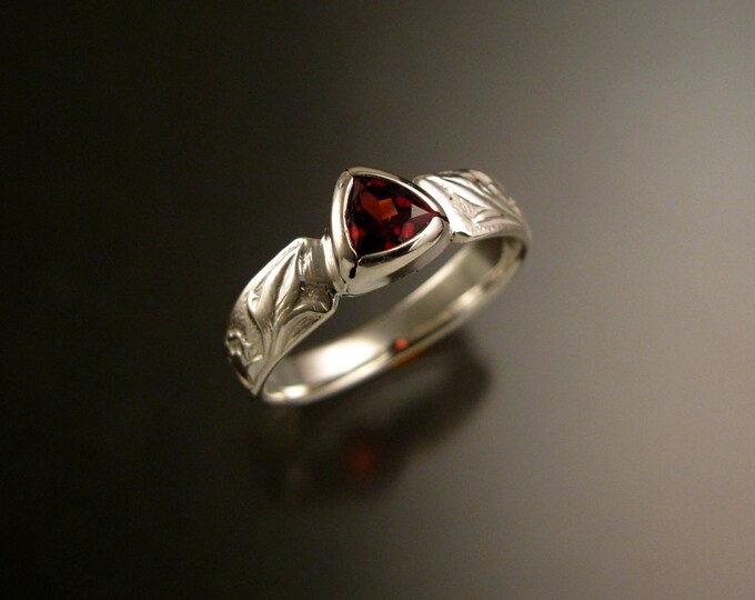 Garnet Triangle 14k White Gold Victorian flower and vine pattern bezel set ring made to order in your size