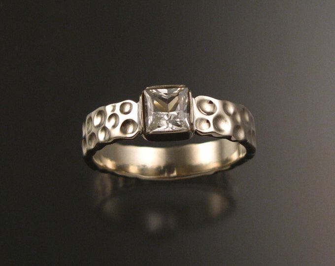 White Sapphire square 14k white gold Moonscape ring Diamond substitute ring handcrafted in your size
