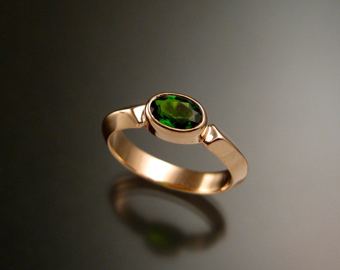 Chrome Diopside 14k Rose Gold triangular band ring with bezel set east west stone Emerald substitute ring handmade to order in your size