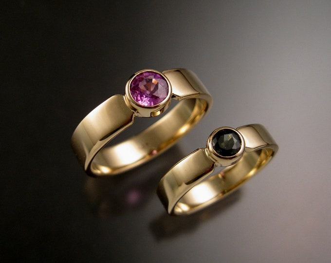 Sapphire Wedding Engagement two ring set 14k Yellow Gold bezel set stones made to order in your sizes
