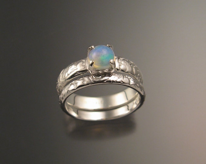 Opal and Sterling silver Wedding Ring Set Victorian floral pattern band Natural Ethiopian Blue Opal made to order in your size
