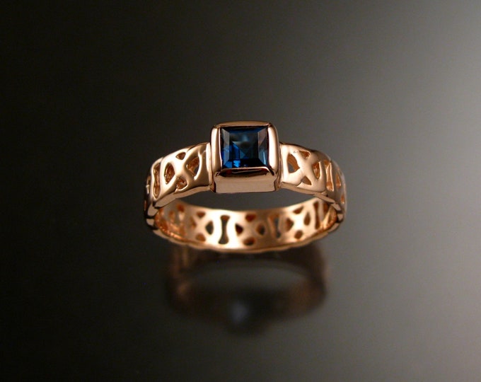 London Blue Topaz 5mm square Celtic band Wedding ring handcrafted in 14k Rose Gold made to order in your size