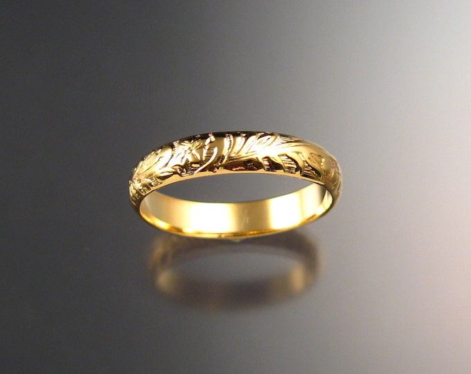 14k Yellow Gold wedding ring 4mm Floral pattern Band made to order in your size Victorian wedding band