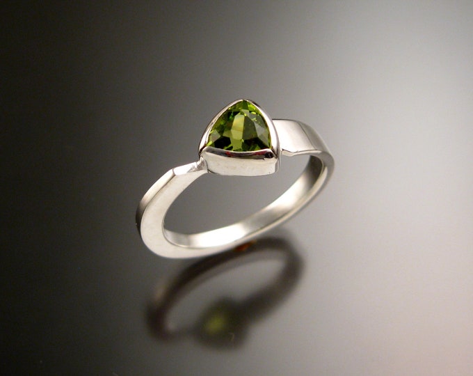 Peridot triangle ring 14k white Gold bezel set Stone Asymmetrical setting made to order in your Size