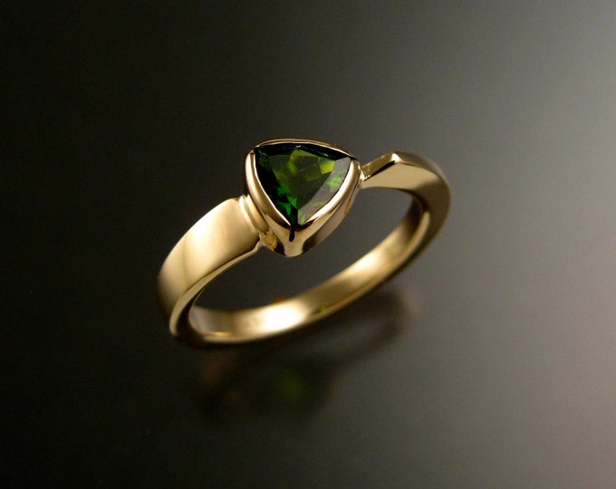 Chrome Diopside triangle Emerald substitute ring 14k Yellow Gold bezel set Stone Asymmetrical setting made to order in your Size