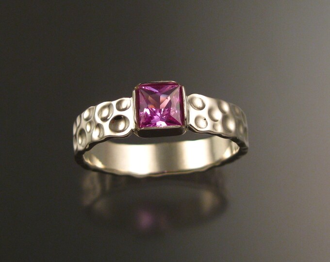 Pink Sapphire square Moonscape ring 14k white gold pink Diamond substitute ring handcrafted in your size
