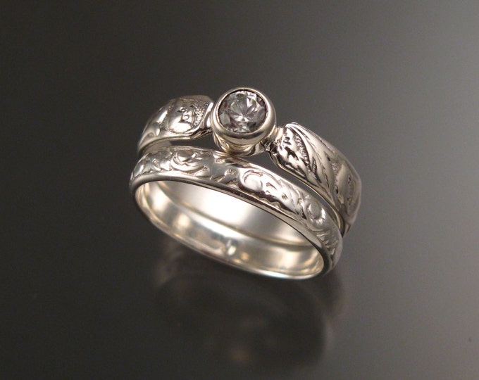 White Sapphire Brides Sterling Silver flower and vine pattern Natural wedding rings made to order in your size Victorian Diamond substitute