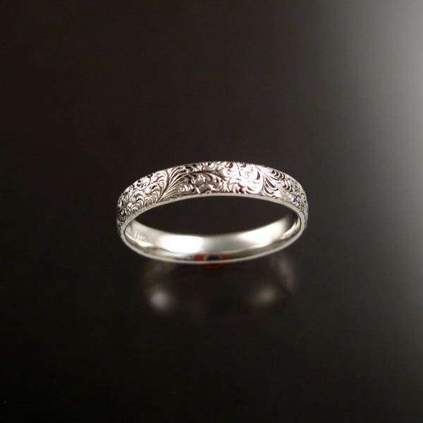 Ring band Sterling silver Victorian fine Floral pattern Wedding Ring made to order in your size