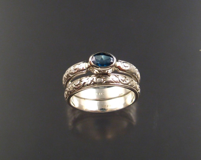 Green Topaz wedding set Victorian Pattern band Sterling Silver made to order in your size