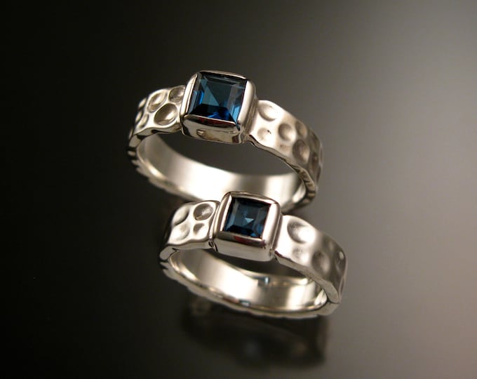 London blue Topaz square Moonscape two ring His and Hers Sapphire substitute Wedding rings Sterling Silver made to order in your size