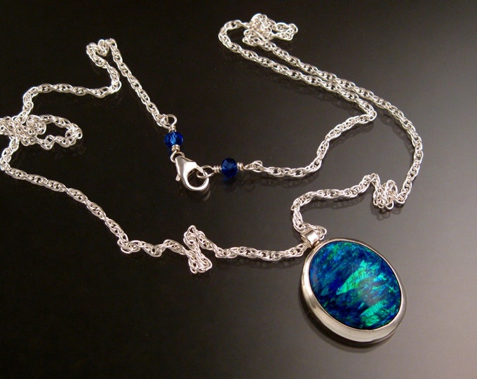 Lab created Opal necklace Deep Blue Opal Sterling Silver Bezel set Stone